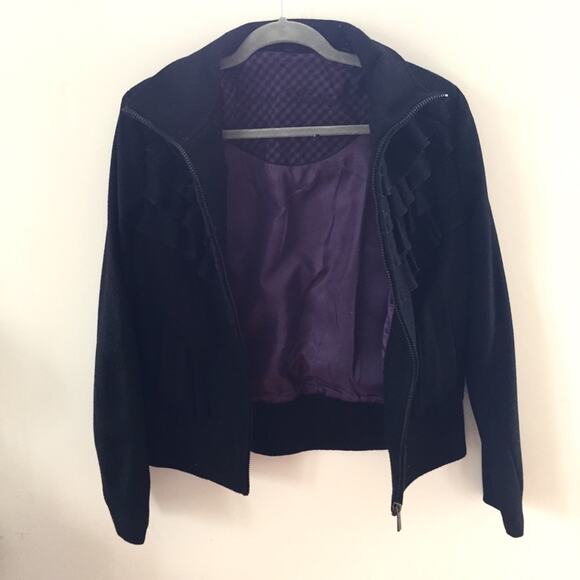 Steve Madden Black Ruffle Wool Bomber Jacket Med - Picture 4 of 8